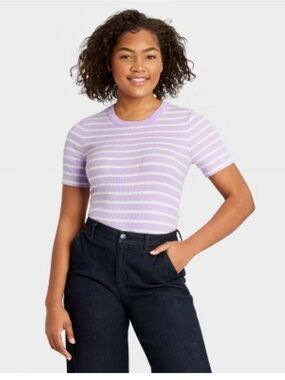 A new day lavender & white striped ribbed knit short sleeve tee - size m